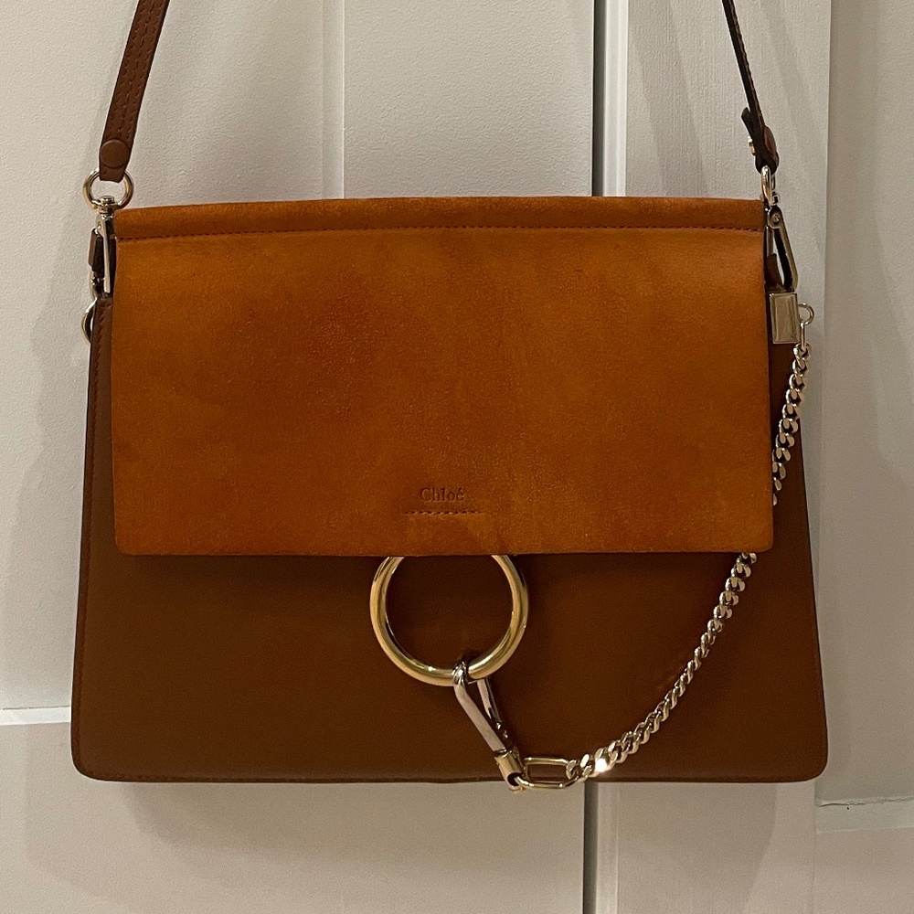 Like New Authentic Chloe Faye Medium Shoulder Bag Suede Calfskin Leather Tobacco